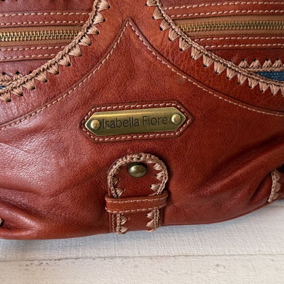 Isabella Fiore Boho Leather Canvas Satchel Brown Blue Whipstitch Crossbody - Picture 14 of 15